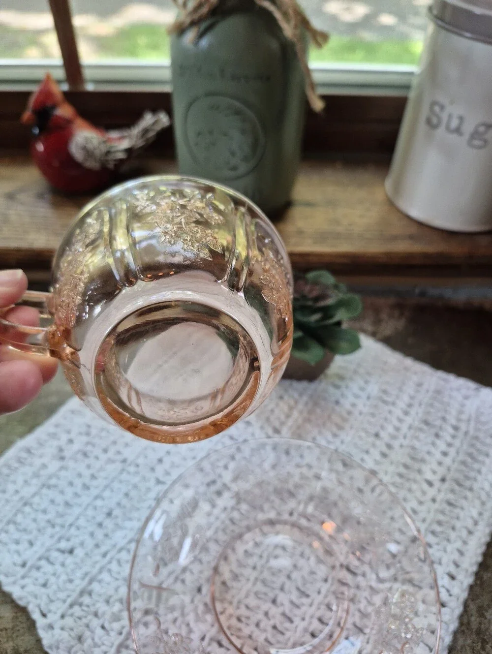 2pc. Vintage FEDERAL GLASS SHARON CABBAGE ROSE PINK TEA CUP & SAUCER Set